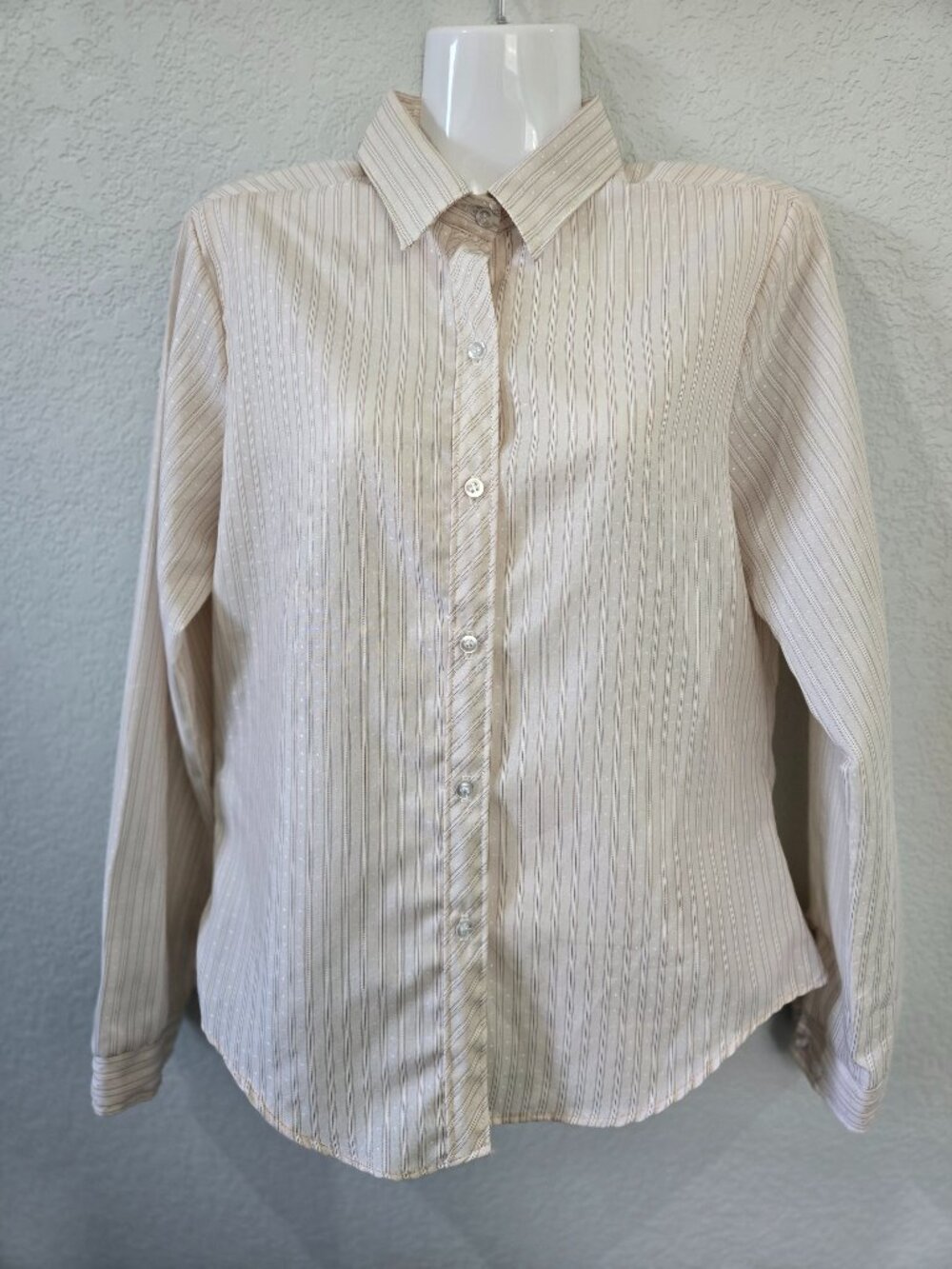 Vintage Oak Hill Sheer Striped Button-Up Blouse | Beige Cream | Size 12